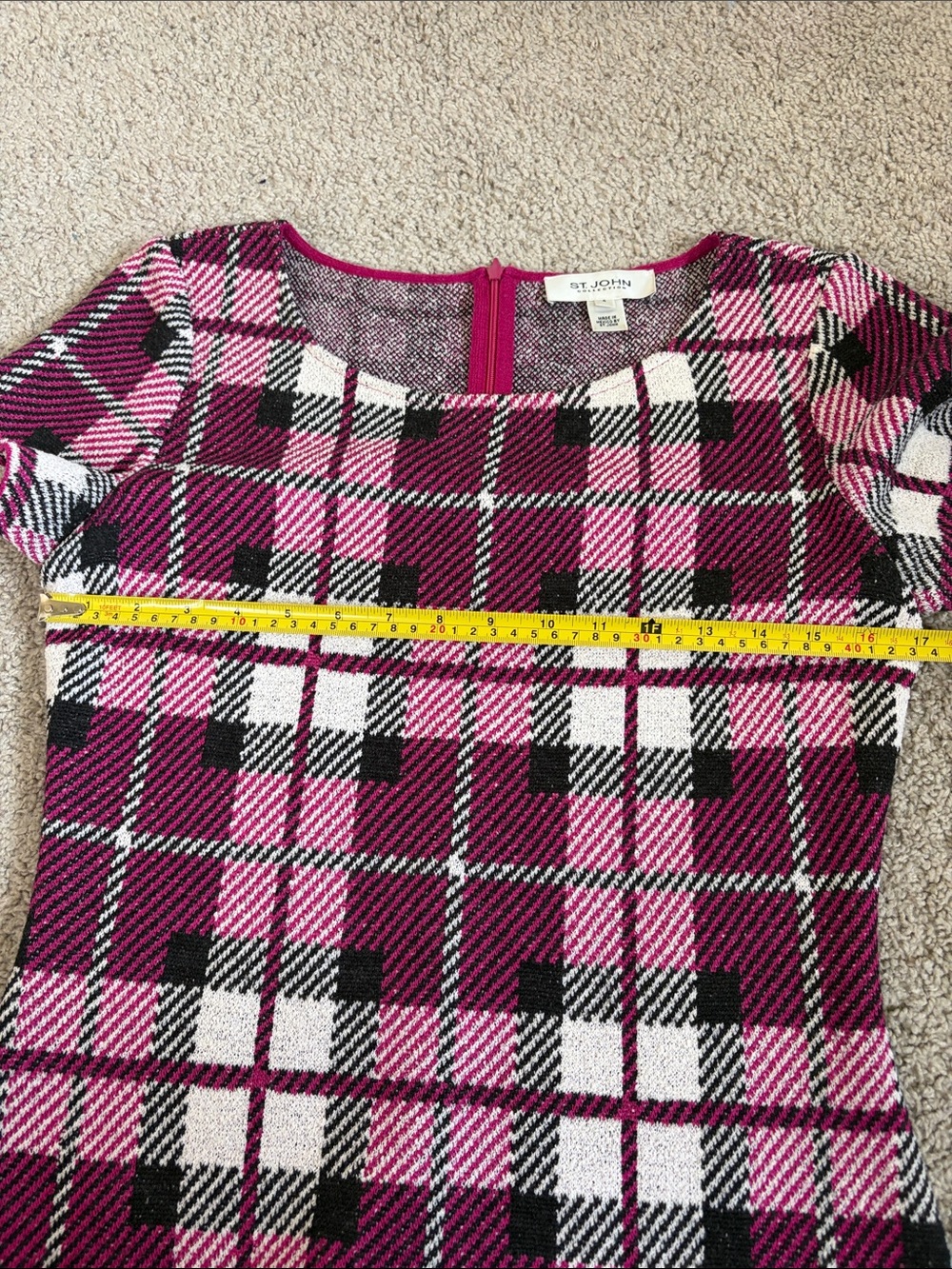 St. John Collection Pink Black White Plaid Slub Knit Wool Blend Midi Dress Sz 4 - Picture 8 of 12